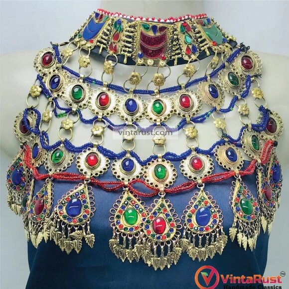 Multicolor Big Unique Choker Necklace, Old Kuchi Afghan Choker Necklace - Picture 4 of 12